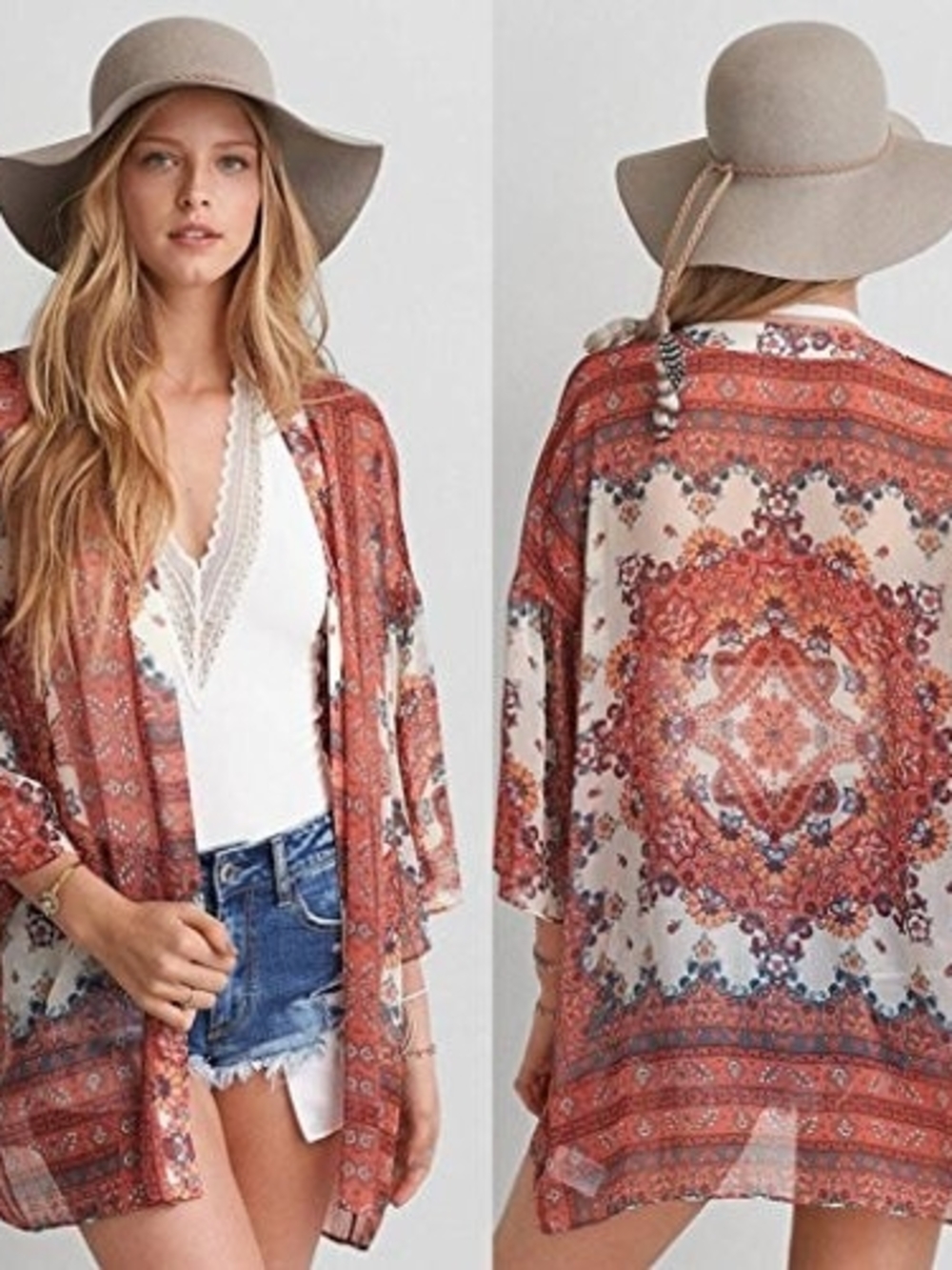 AE boho Rust Floral Print Kimono